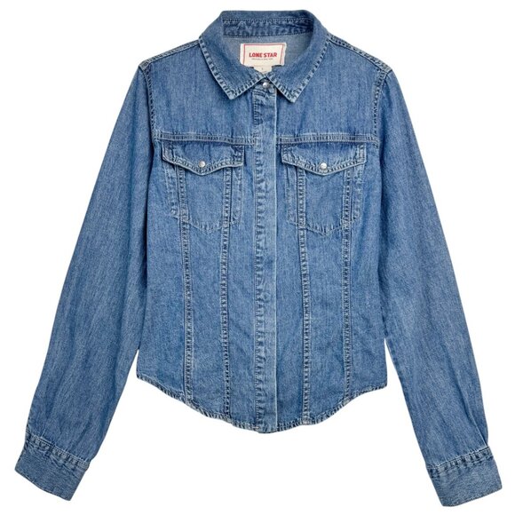 WESTERN LONE STAR DENIM DISTRESSED WOMEN'S COWGIRL SHIRT LARGE - Picture 1 of 6